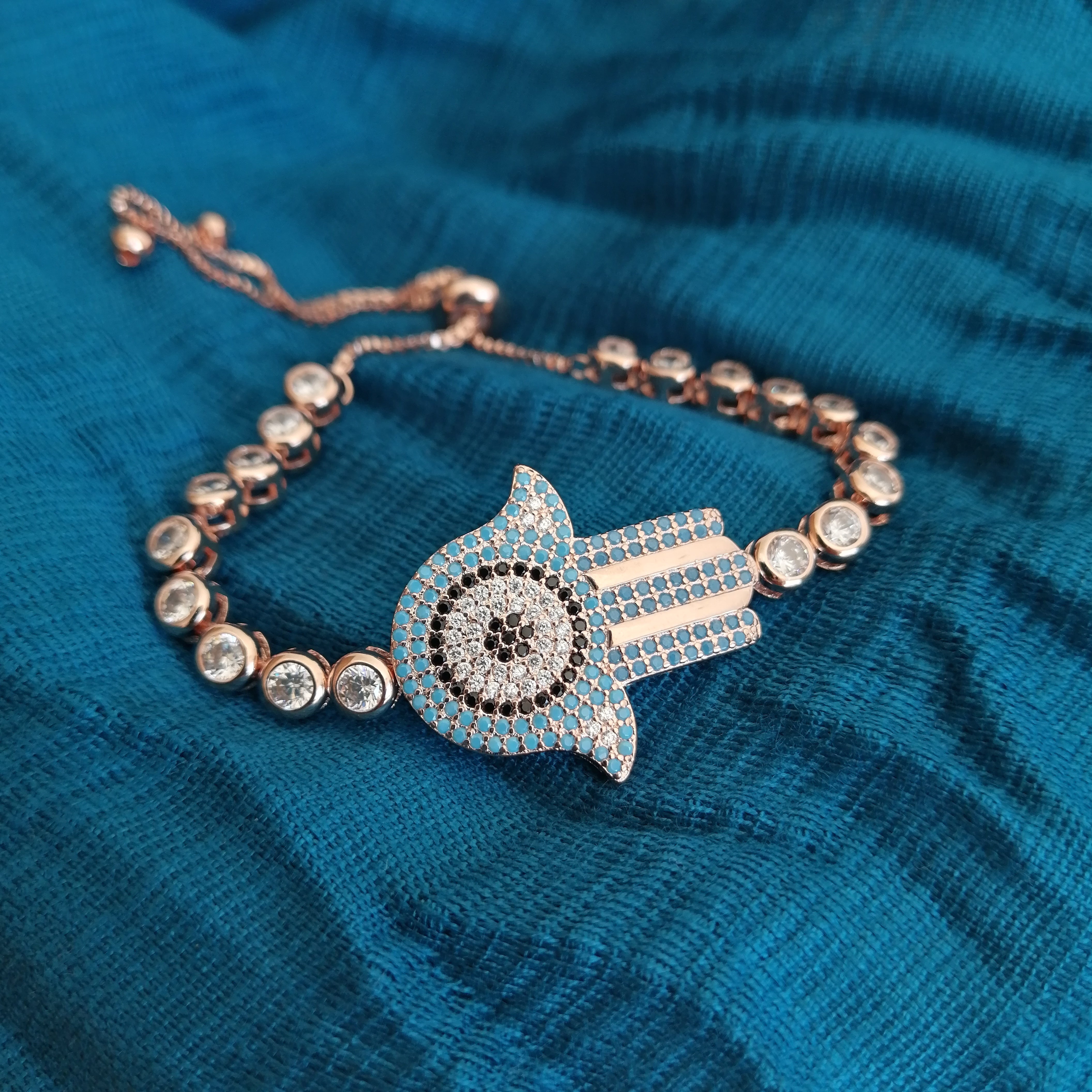 Hamsa Hand Blue and Rose Gold Bracelet