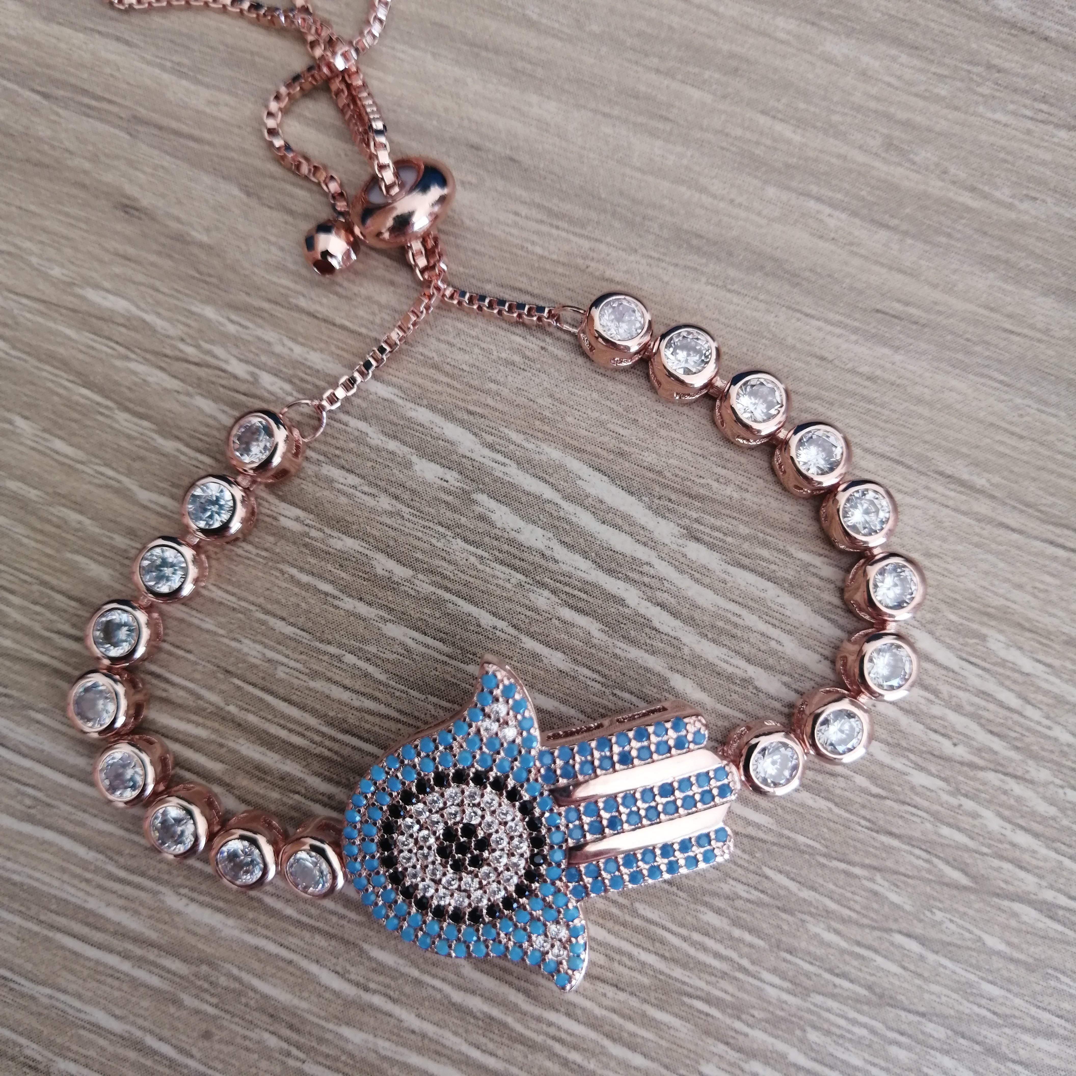 Hamsa Hand Blue and Rose Gold Bracelet