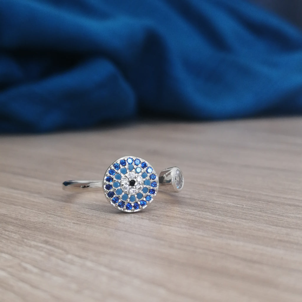 Evil Eye Amulet Silver Band and Blue Stud Ring