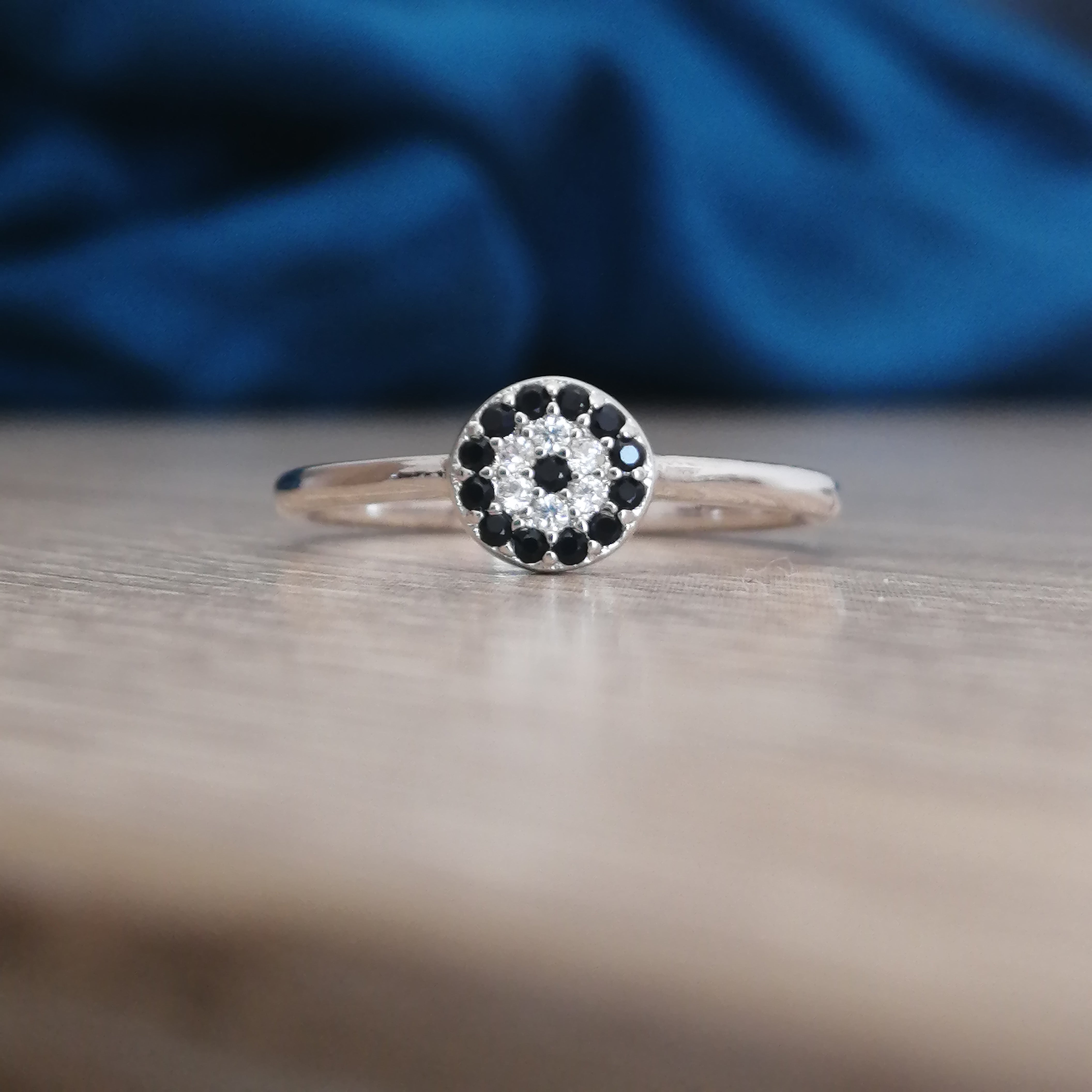 Evil Eye Amulet Silver Band and Black Stud Ring